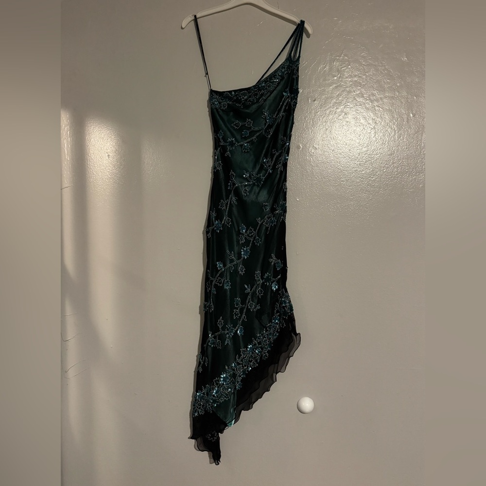 Scala One Shoulder 100% Silk Beaded Cocktail Party Dress Asymmetrical Hem Small